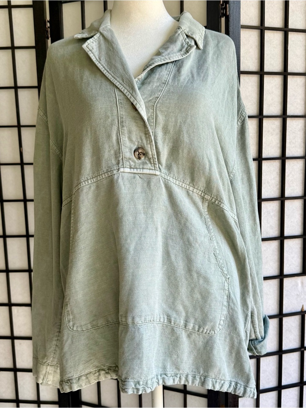 Nicole Miller Tunic Top Sz Med Sage Green Popover Linen Lyocell Kangaroo Pocket